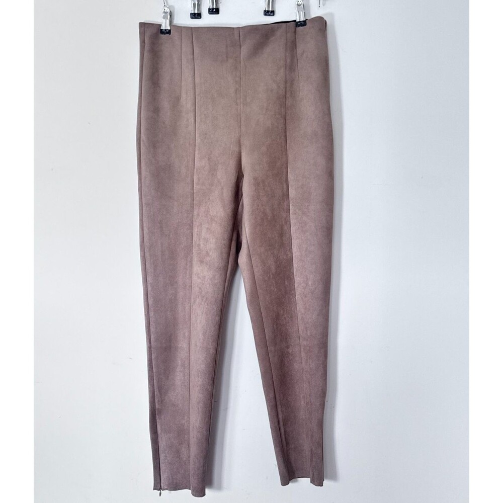 Zara Faux Suede Pants Womens XL Camel Brown Stretch Ankle Zip Pull On